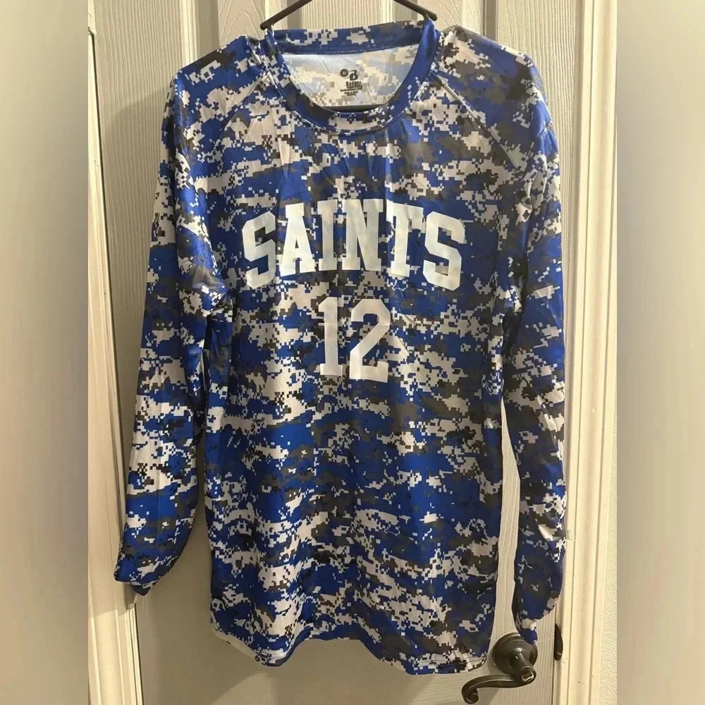 Badger sport in blue & grays digital camo long sleeve shirt with Saints #12 MED
